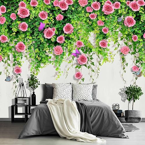 Papel tapiz botánico tropical floral rosa con hojas de plantas verdes, mural de pared grande para sala de estar y dormitorio (papel tapiz para pared