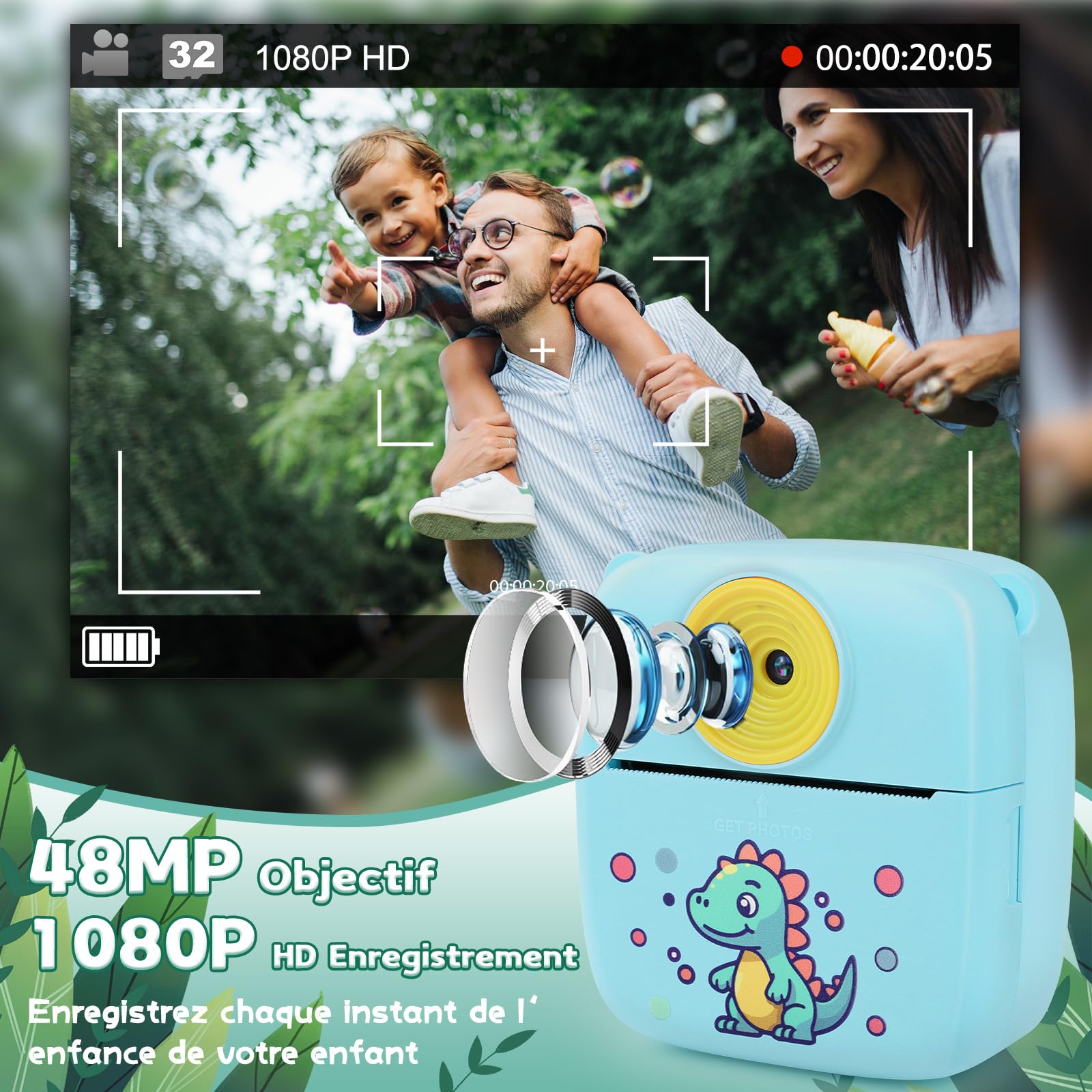 Dhapy Photo Instantané Enfant, 48 MP Appareil Photo Enfant avec Papier d'impression Et Carte TF 32 Go, 1080P Appareil Photo Enfant Instantanée, Cadeau pour Garçons Et Filles De 3 4 5 6 7 8 9 Ans Bleu