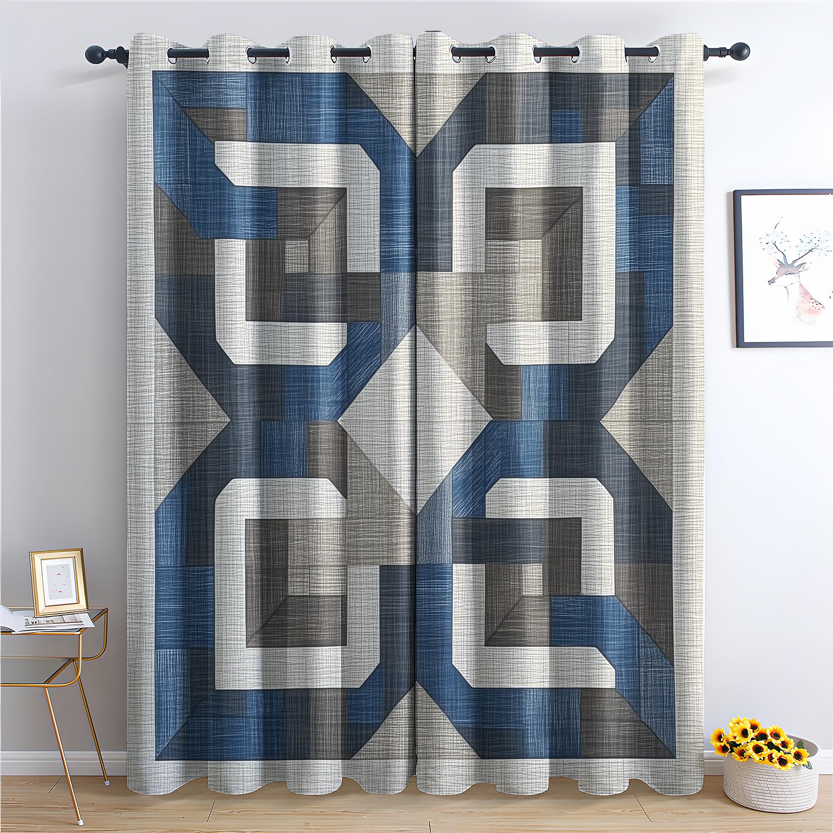 Venivici Geometric Blackout Curtains for Bedroom Living Room - 90 Inch Drop Curtains Eyelet, Contemporary Blue and Grey Patterned Window Treatments, Thermal Insulated Drapes 54x90 2 Panels