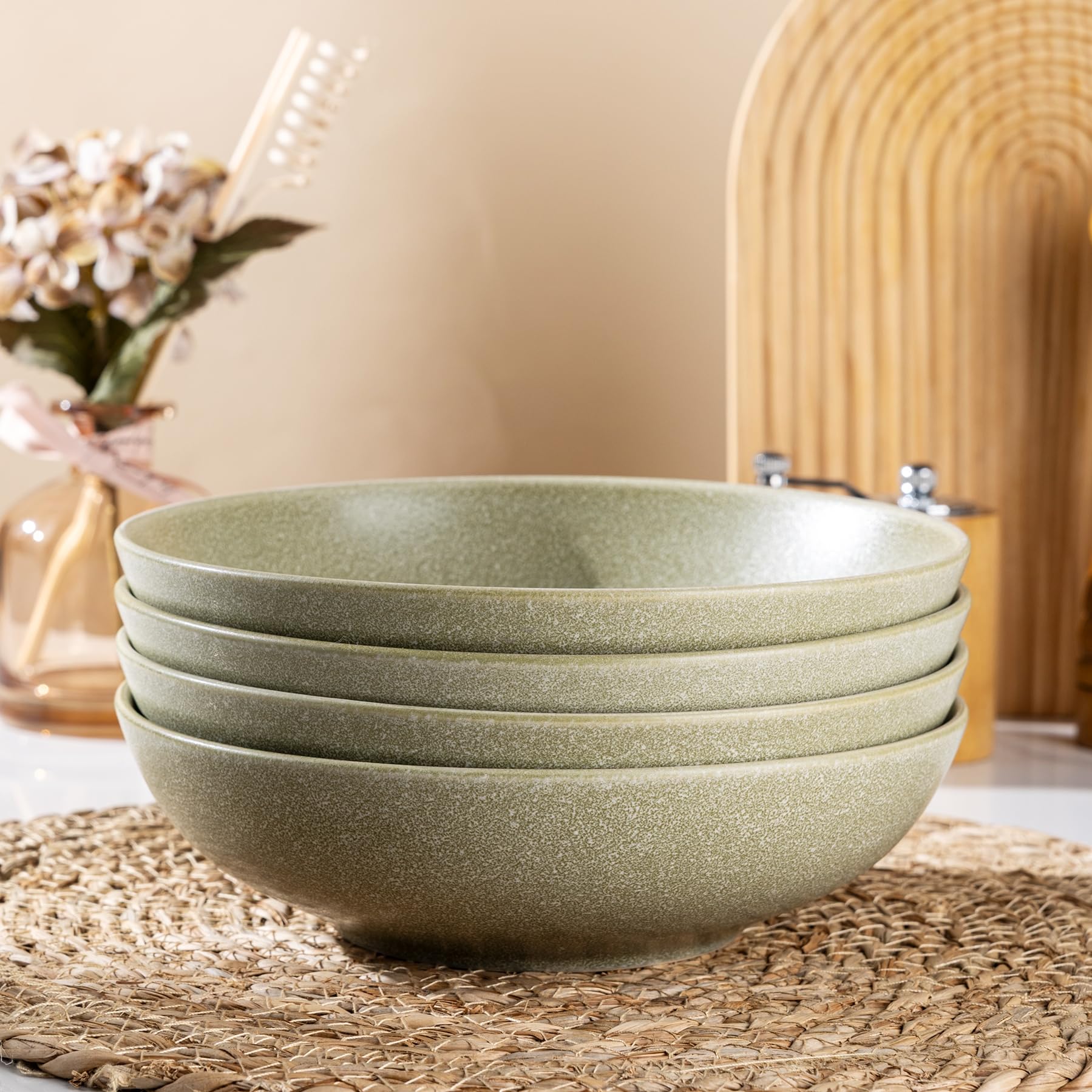 AmorArc 8.75‘’ Large Pasta Bowls, 42 ounce Deep Stoneware Bowls Set of 4 for Kitchen, Wide Bowl for Pasta/Salad/Fruit/Oatmeal/Soup, Microwave&Dishwasher Safe-Matte Olive Green