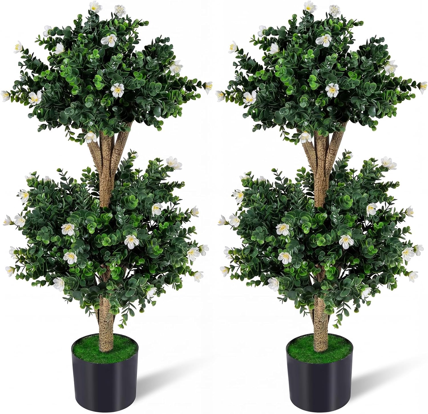 Goplus 3 FT Artificial Double Ball Boxwood Topiary Trees, Set of 2 Faux Bush Plant w/41 Blossoms, Cement-Filled Plastic Pot, Sun-Proof Indoor Outdoor Fake Greenery for Porch Home Decoration (White)