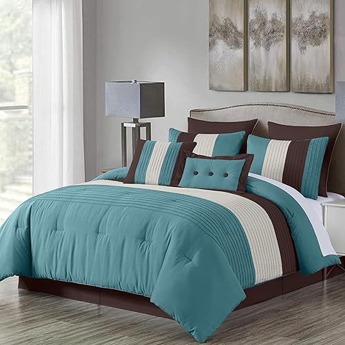 Chezmoi Collection Loft - Juego de edredón de lujo a rayas de 8 piezas (tamaño Queen, azulbeigemarrón chocolate)