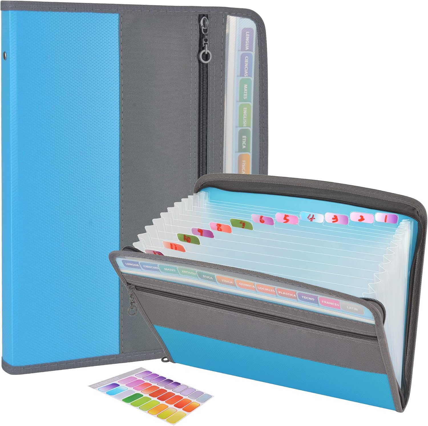 CLOUDIA 13 Pocket Expanding File Folder with Sticky Labels, Accordion Document Organizer with Zipper Closure, Letter A4 Paper Document Folder (Blue)