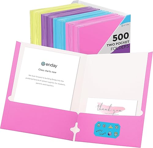 Enday Paquete de 500 carpetas de 2 bolsillos a granel, carpetas de papel de colores con bolsillos para papel tamaño carta, 4 colores surtidos