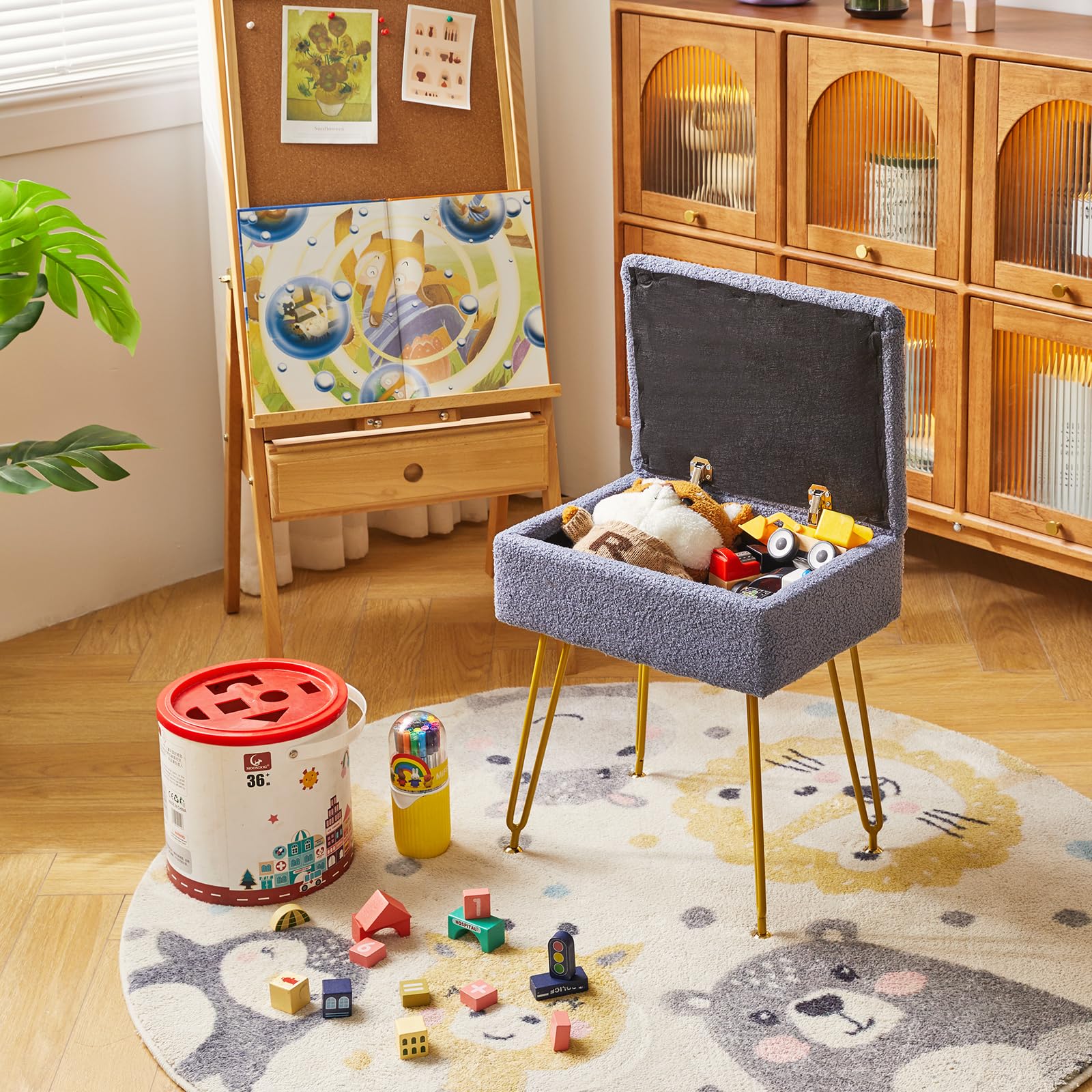 YMYNY Poggiapied, Sgabello Contenitore, Pouf Sgabello Ottoman, Sgabello Velluto Teddy, Pouf in Metallo Dorato, per Casa Soggiorno, Camerino, Camera da Letto 40×30×47CM Blu HBD031BU