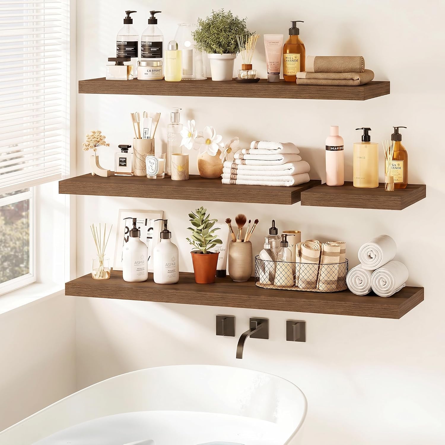 Vivelove Walnut Floating Shelves for wall, 24 Inch Wall Display Shelves with Invisible Brackets, for Bathroom Living Room Kitchen Bedroom Office Farmhouse Home Decor, 24X9.3X1.5 - Set of 2, Walnut