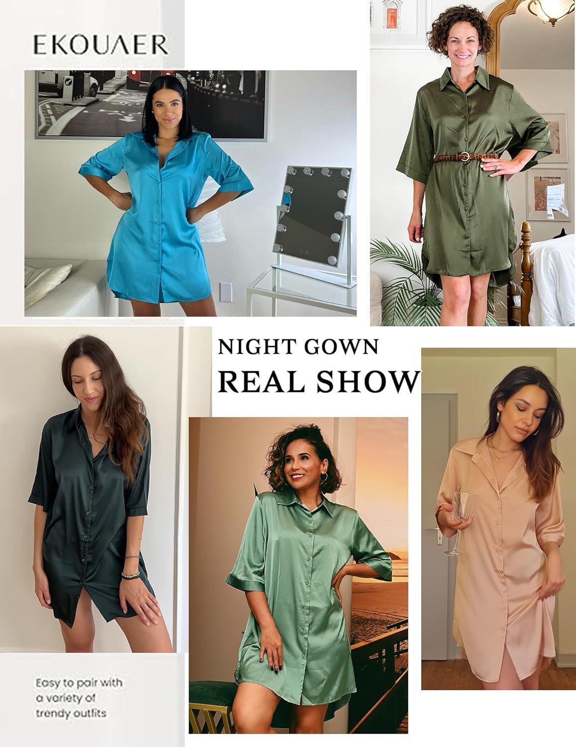 Ekouaer Women's Satin Nightshirt Button Down Sleepshirt Silk 3/4 Sleeve Nightgown Boyfriend Notch Collar Sleepwear S-3XL - Image 6