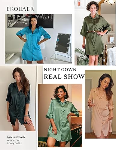Miniatura 6 de Ekouaer Camisón de satén con botones para mujer, camisón de seda con manga 34, cuello de muesca para novio, ropa de dormir S-3XL