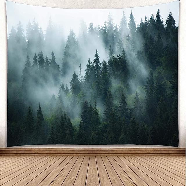 YISURE Misty Forest Tapestry, Foggy Tree Wall Hanging Tapestries, Large Tapestry Nature Pine Woodland Wall Art for Bedroom Living Room, 91" W x 71" L
