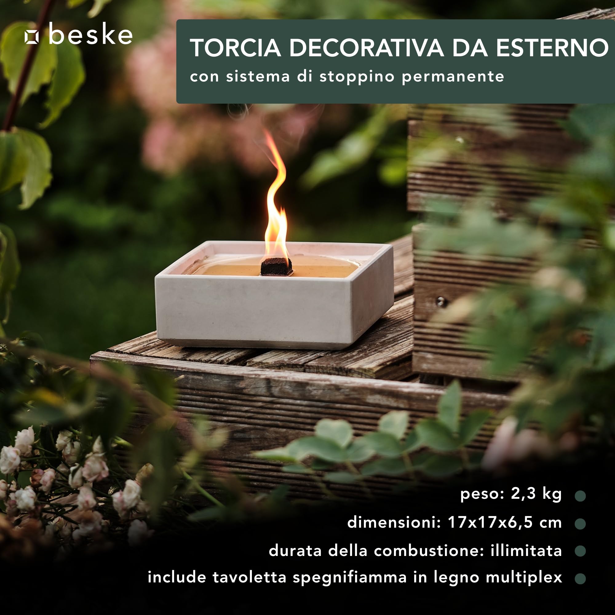 Torcia decorativa da esterno in cemento | Braciere da tavolo con stoppino permanente, durata illimitata | Per giardino e terrazza | Made in Germany (Meru-L (17x17x6,5 cm))