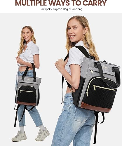 Miniatura 6 de LOVEVOOK Mochila para laptop para mujer, bolsa de trabajo para computadora portátil, mochila para profesores y enfermeras, Gris y negro y marrón-M