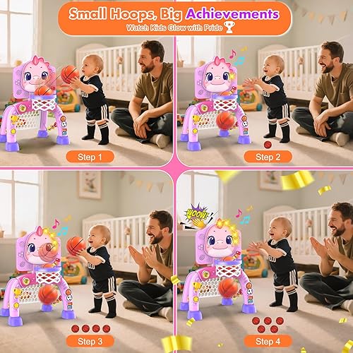 Vista 4 de Nicmore Juguetes de aro de baloncesto para niños pequeños: Centro de actividad de dinosaurio con luces y música - Desarrollo de habilidades Rosa