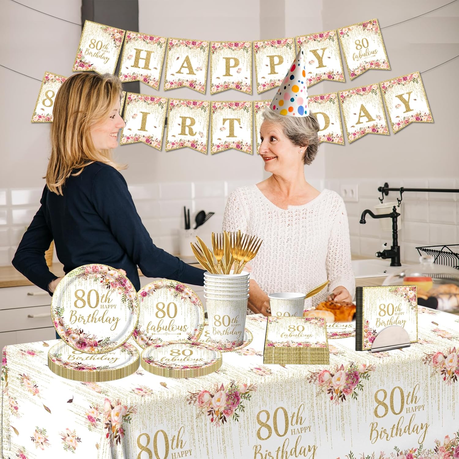 80th Birthday Party Tableware, 142Pcs Rose Gold 80th Birthday Decorations Includes 80th Birthday Plates and Napkins,Tablecloth,Cup,80 and Fabulous Banner,80th Birthday Decorations for Women - Image 2