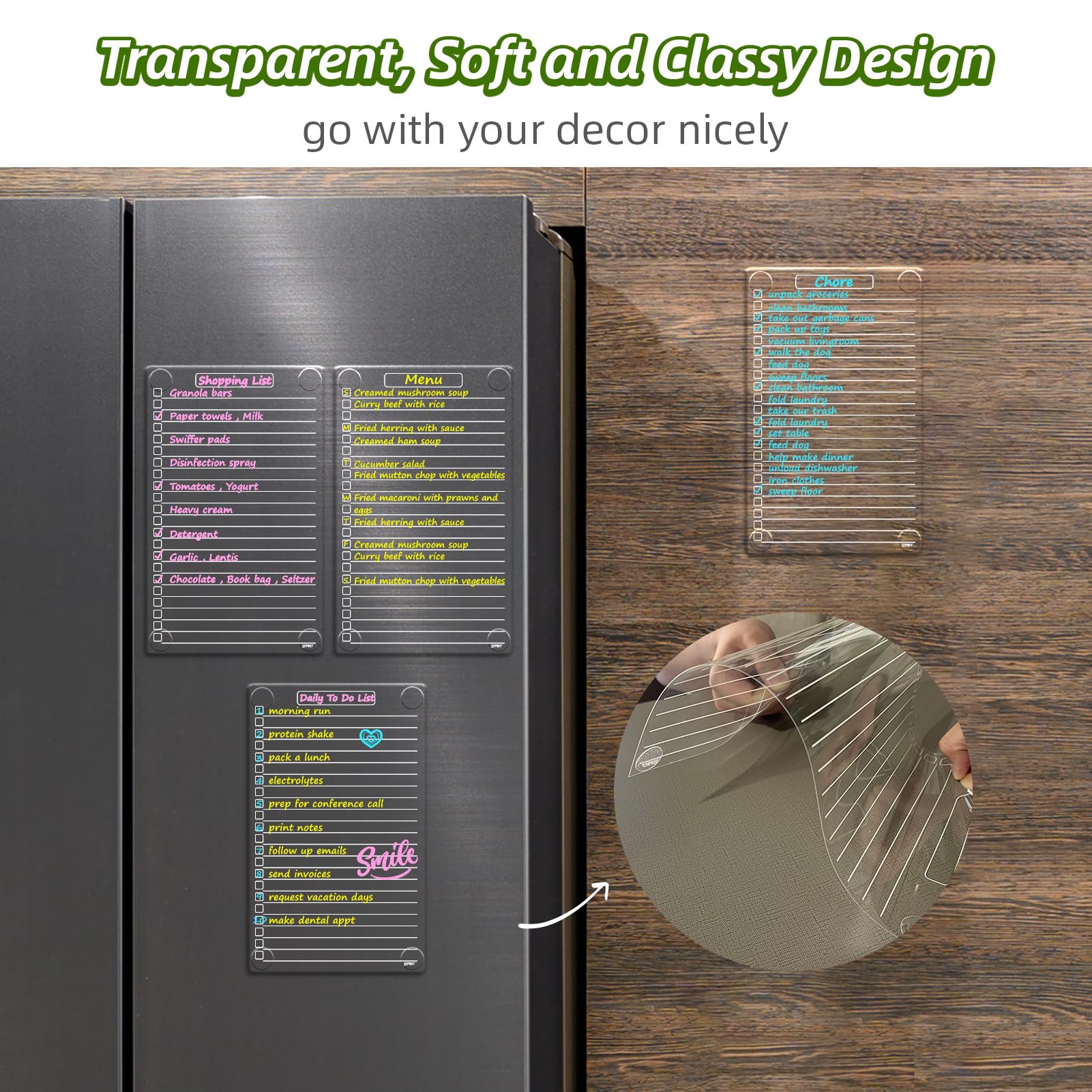 JJPRO Pizarra de borrado en seco no magnética para nevera, pizarra blanca transparente reutilizable de 11.5 x 7 pulgadas, pizarra blanca de borrado en seco para refrigerador, armario, pared y vidrio,