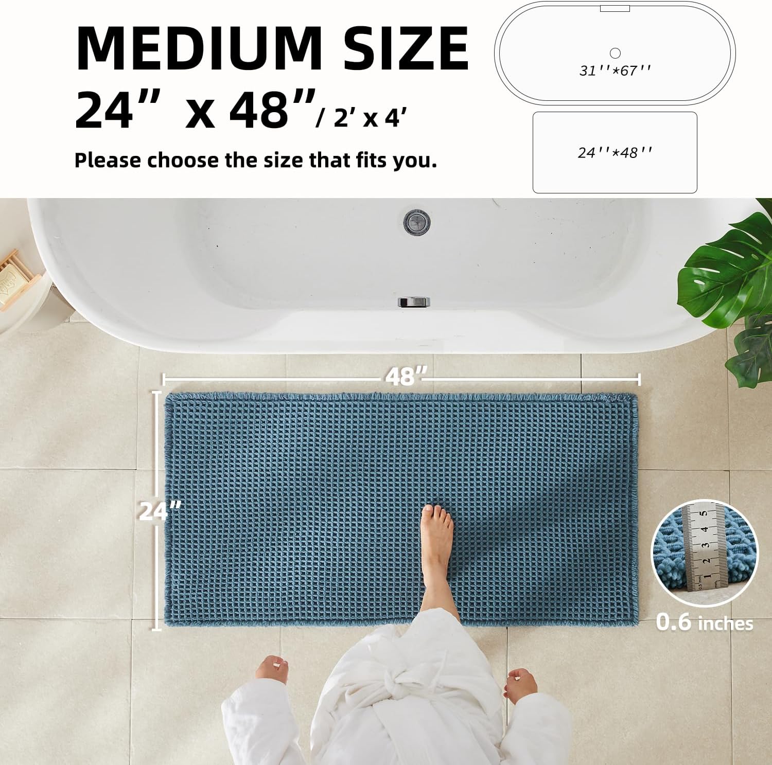 TYUU Waffle Bath Mat, Boho Bathroom Rugs Non Slip Washable Super Absorbent Quick Dry Bath Mat Farmhouse Bathroom Decor, 48"x24" Denim Blue Denim Blue 2' X 4' (Rectangular)
