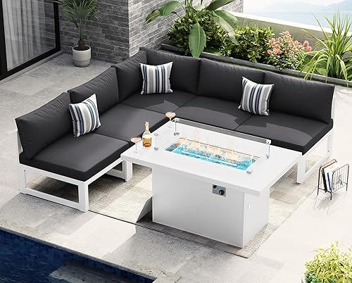 Miniatura 643 de NICESOUL 7 Piece White Powder-Coated Aluminum Patio Furniture with Fire Pit Table, 29 Inch Extra Wide Outdoor Sectional Sofa for 6, High-End Heavy