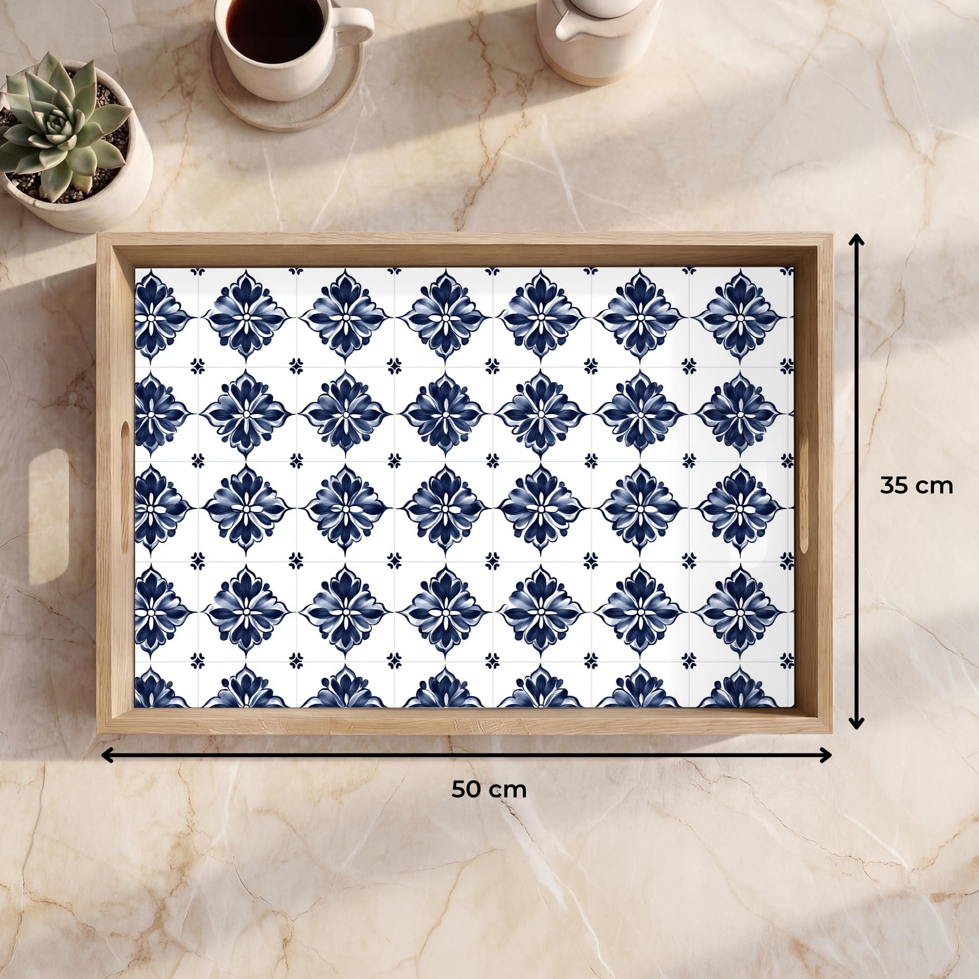 Serviertablett Rechteckig 50x35 cm Servierplatte Eiche Holz Tablett Mit Henkel Tray Kratzfest Kaffeetablett Tabletts Teetablett Kachelmotiv - Blau - Weiß - Blume