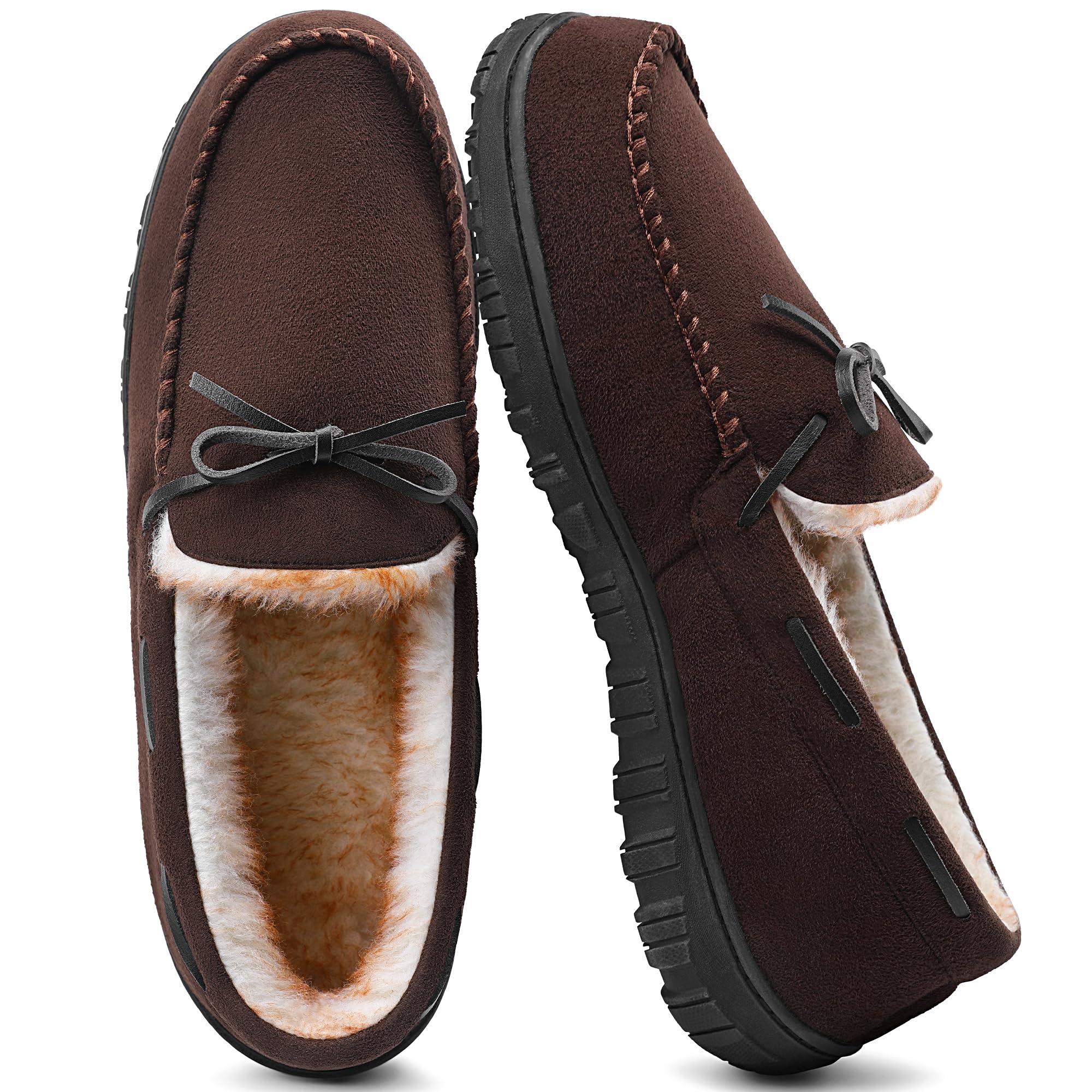 shoeslocker Men's Warm Soft Plush Memory Foam House Moccasin Slippers - Comfortable Non-Slip Indoor/Outdoor - Black, Beige, Brown