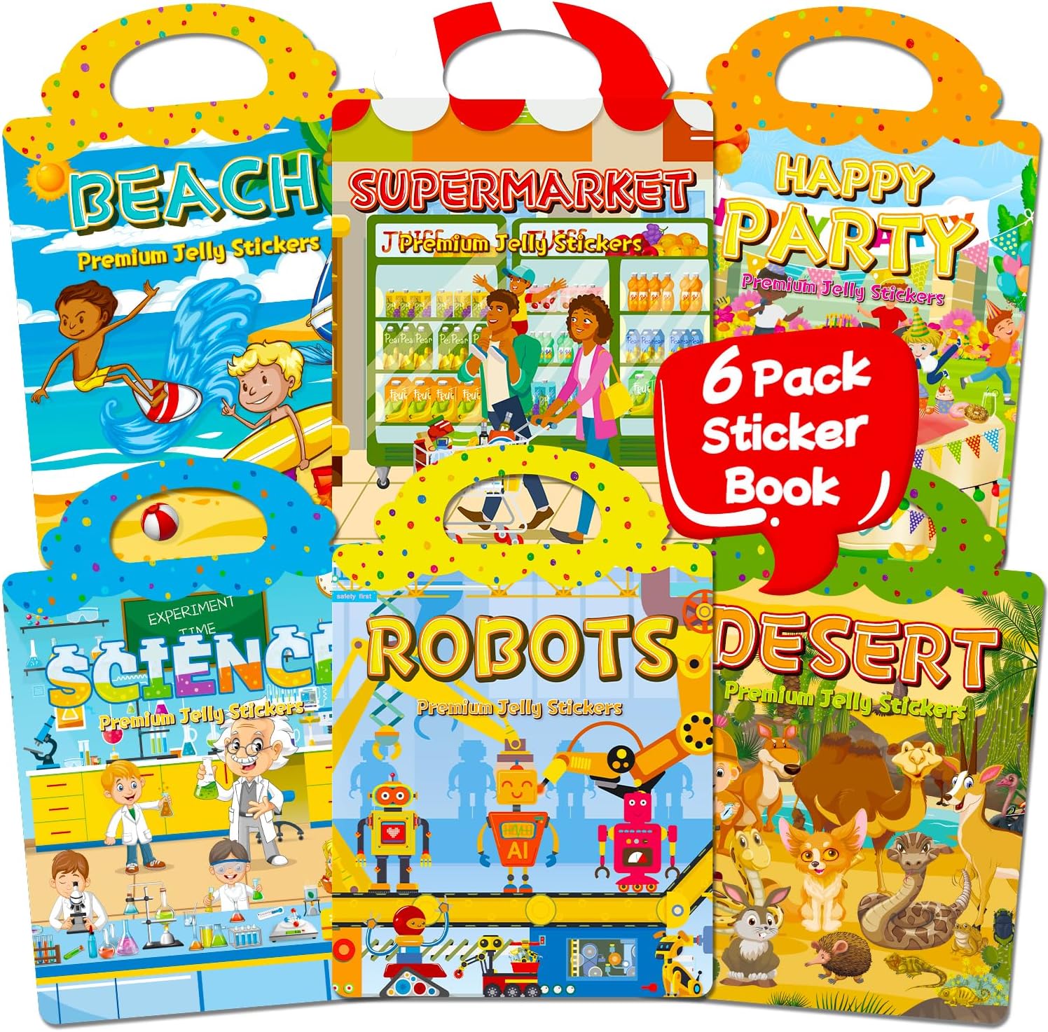 6 Sets Reusable Sticker Book for Toddlers 1-3, Jelly Stickers Book for Kids 2-4, Travel Sticker Activity Toys for Childs 3 4 5 6 Years Girls & Boys Best Gifts