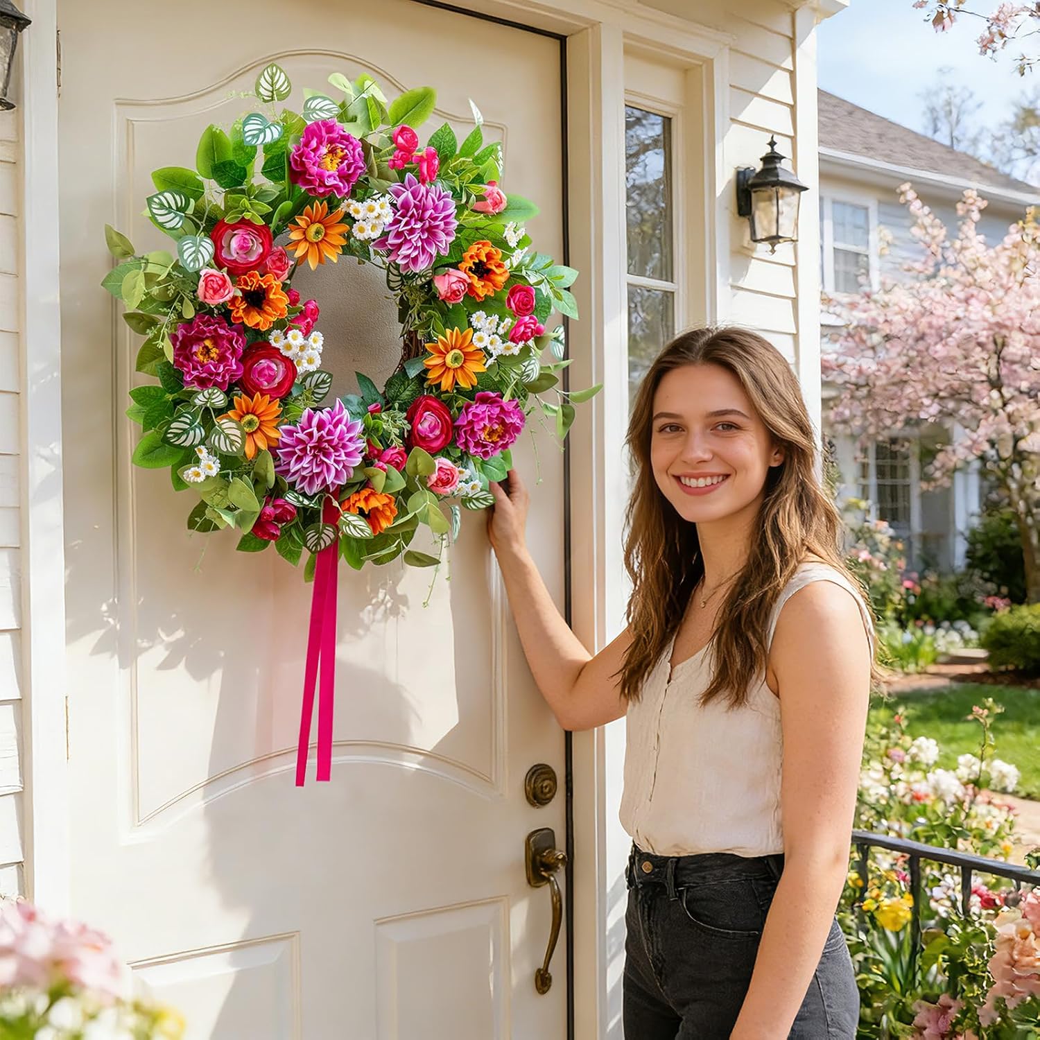 Spring Summer Wreaths for Front Door 24 Inch with Dahlia, Peony & Daisy Spring Wreaths for Front Door Outside Summer Door Wreath for Entryway, Porch & Home Décor Outdoor Summer Wreath