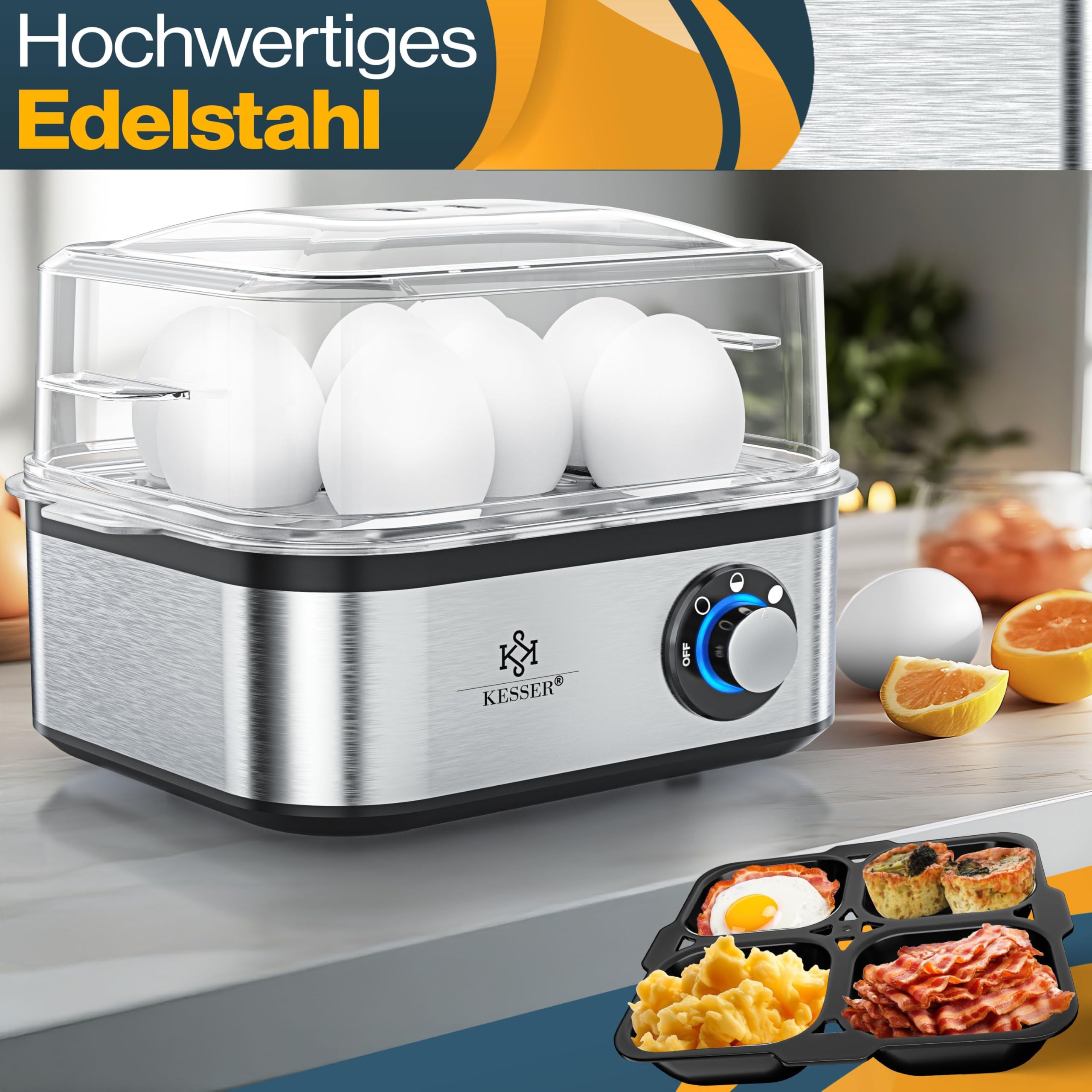 KESSER® Eierkocher für 1 bis 8 Eier elektrisch aus Edelstahl 500W & Warmhaltefunktion | LED-Drehschalter drei Härtegrade | BPA-Frei & Spülmaschinenfest | Messbecher, Eierhalter & Omlettschale Silber