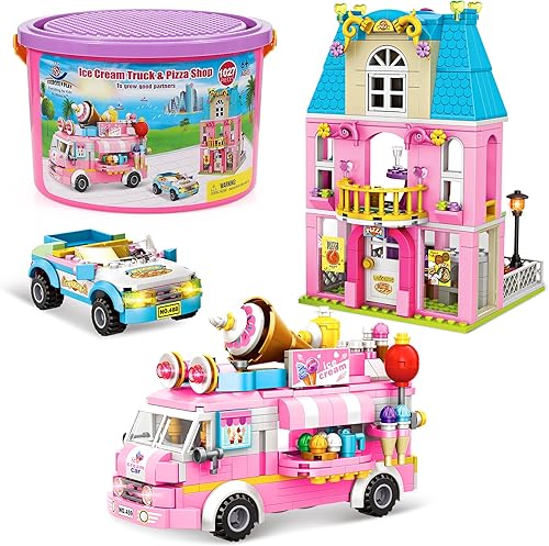Juego de bloques de construcción para niñas, 977 piezas, camión de comida de helado y deliciosa pizzería, juego de bloques de construcción con caja