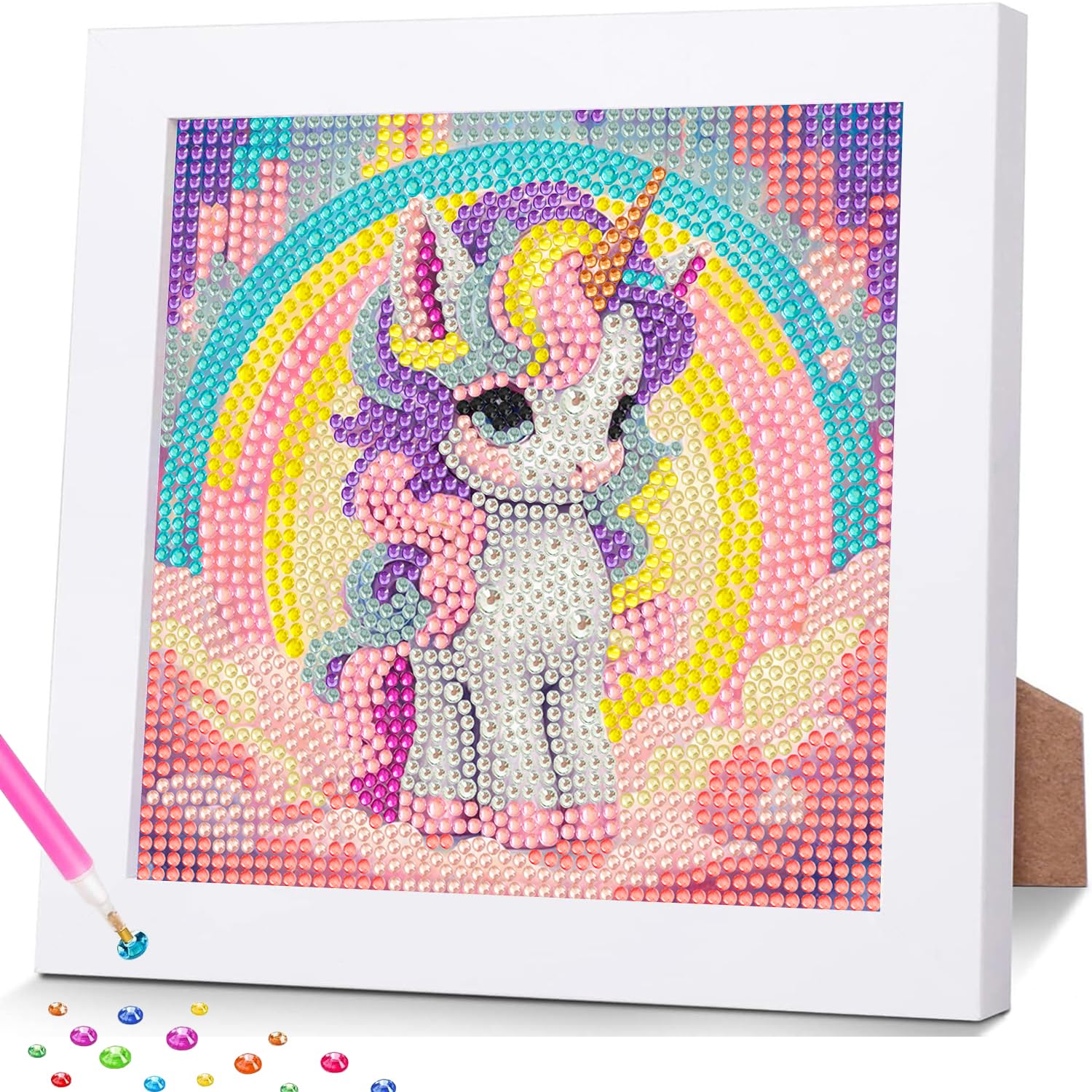 Diamond Art for Kids - Wooden Framed Crystal Art Kit, Full Drill Gem Art, Home Wall Decor 7x7inch