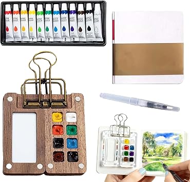 Mini Watercolor Travel Set, 2026 New Portable Pocket Artist Watercolor Paint Set with Picture Book, Wooden Paint Palette for Painters, Artists, and Students 8 Grids with 12 Color Paints