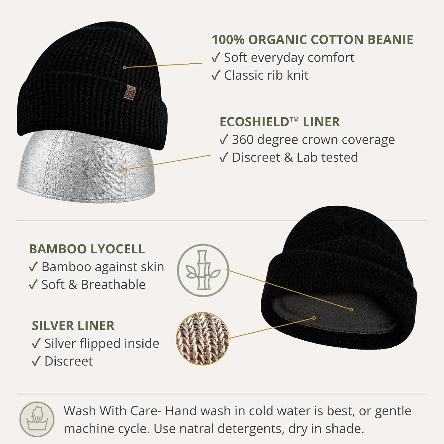 Golden Kocoon® E.M.F Beanie -100% Organic Cotton w/EcoShield™ Silver Tech image 4