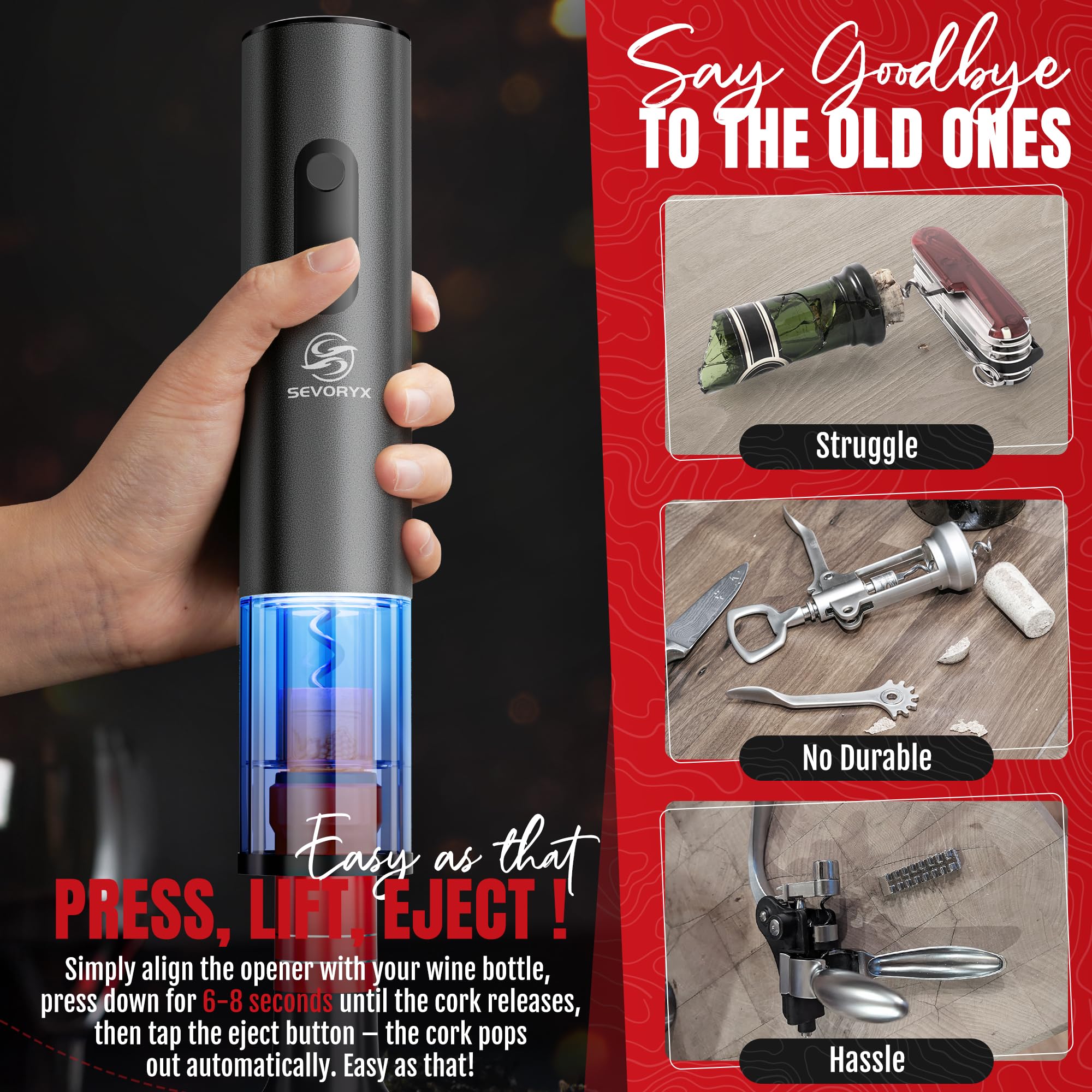 Juego de abridor de vino eléctrico, abridor de botellas eléctrico 5 en 1 con cortador de lámina, vertedor de vino, tapón al vacío y estuche de almacenamiento. Regalo ideal para amantes del 3