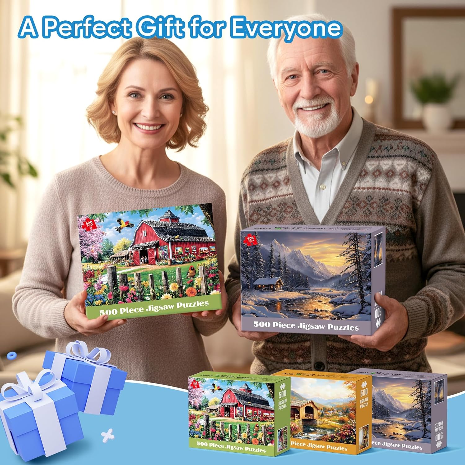 3 Pack 500 Pieces Jigsaw Puzzles for Adults, Beautiful Spring Fall Winter Puzzle for Teens Elderly, Recycled Paper Puzzle 500 Pieces, Glossy, Sturdy Pieces Challenging Family Game Gift 20.5x15in
