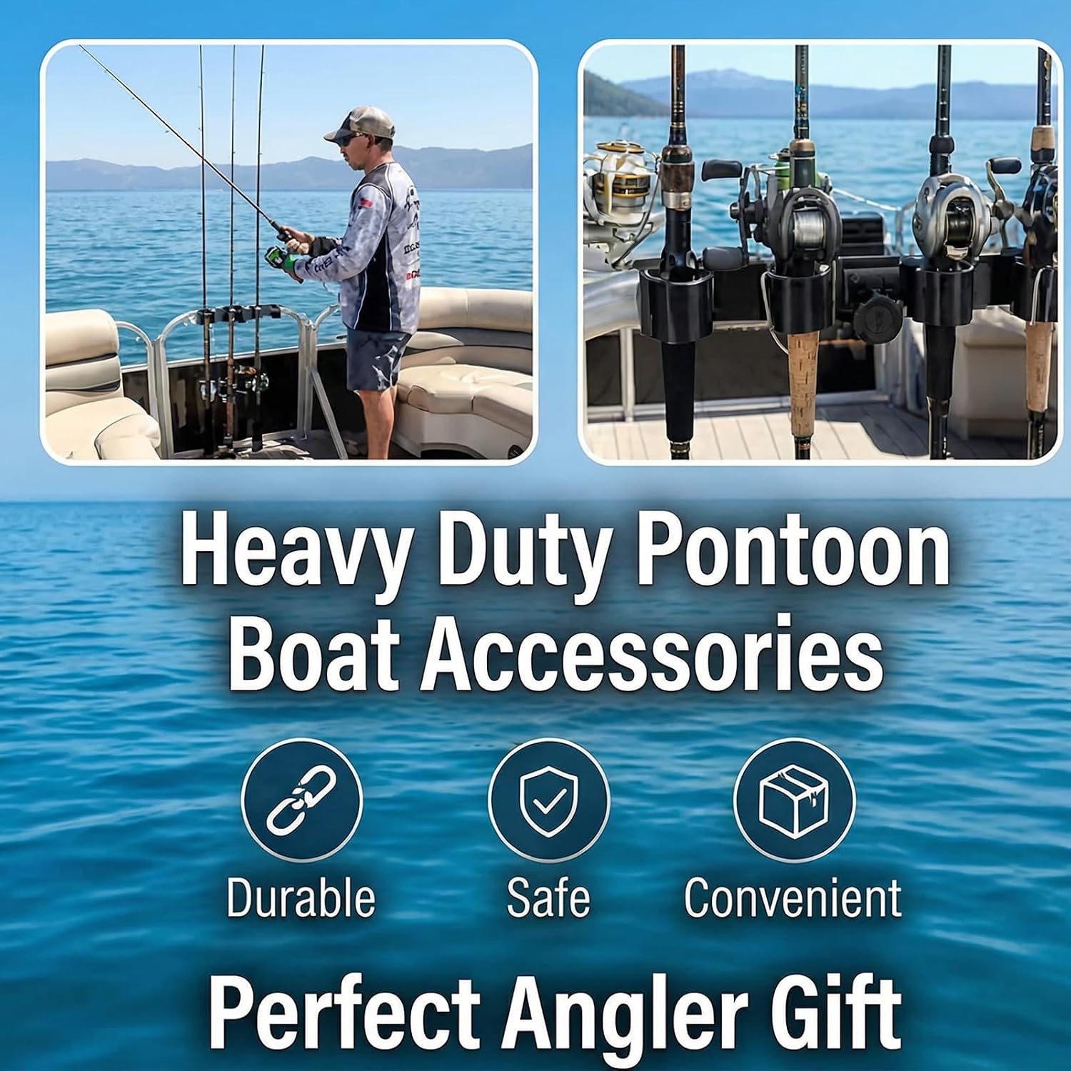 Pontoon Rod Holders for Square Rail,Heavy Duty Pontoon Boat Accessories-Holds to 4 Fishing Poles-Tool-Free Installation,Clamping Width Can be Flexibly Adjusted,for Yachts,Trucks,and Marine,No-Drill