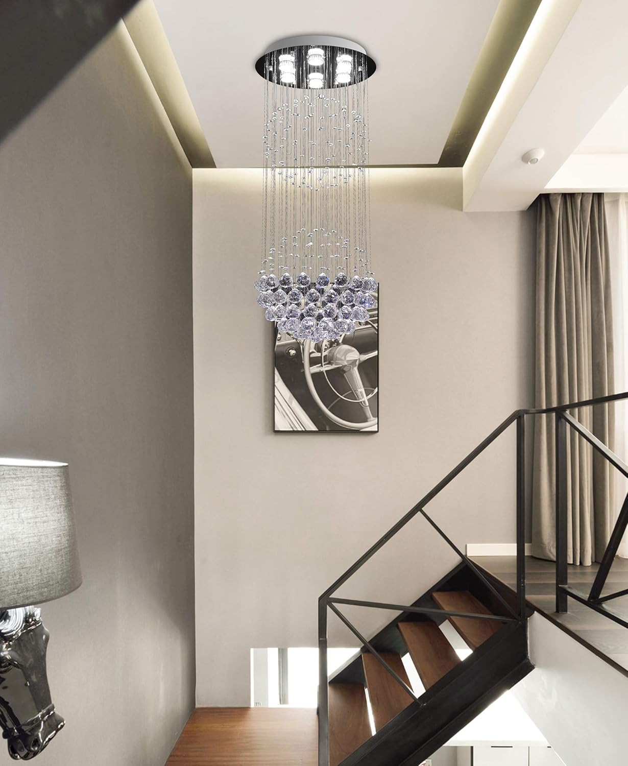 Frее Shірріng оƒƒеr LED Modern Fandelier White Chandelier K9 Crystal Ball Chandeliers Cylinder Flush Mount Ceiling Pendant Lighting Fixture for Foyer Stairway Dinning Room,Bathroom,Living Room,Bedroom 6 GU10 Bulbs