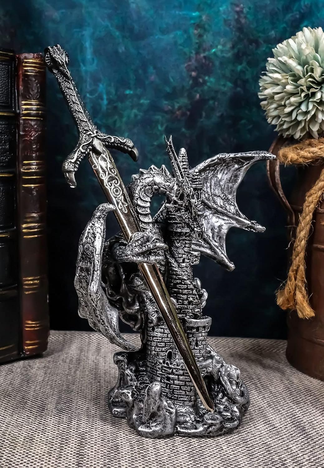 Ebros Gift Legendary Silver Dragon Protecting Castle Tower Letter Opener Figurine Sculpture Home and Office Decorative Sculpture Medieval Renaissance Dungeons and Dragons Fantasy