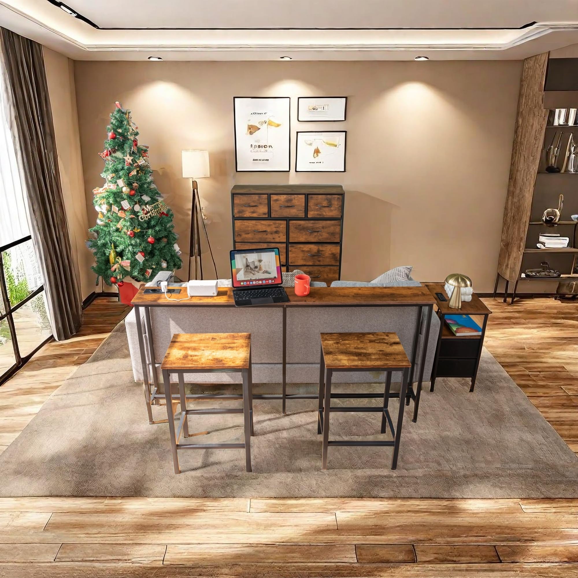 1 Pezzo Tavolo Consolle per Ingresso Larghezza 180 cm con Presa di Corrente, Profondità 20 cm Tavolino Laterale per Corridoio/Ingresso/Veranda/Balcone/Soggiorno, Marrone e Nero/180x20x80 cm