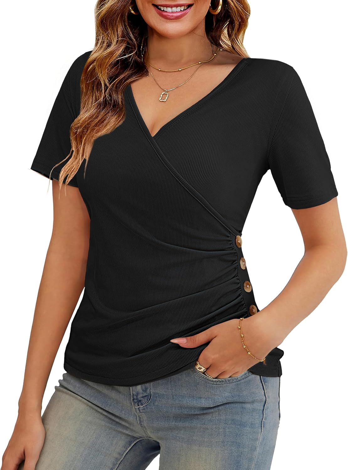 VOIANLIMO Women's Summer Tops Short Sleeve Slim Fitted Deep V Neck Cross Wrap Tunic T-Shirt Side ruched Shirring Tees