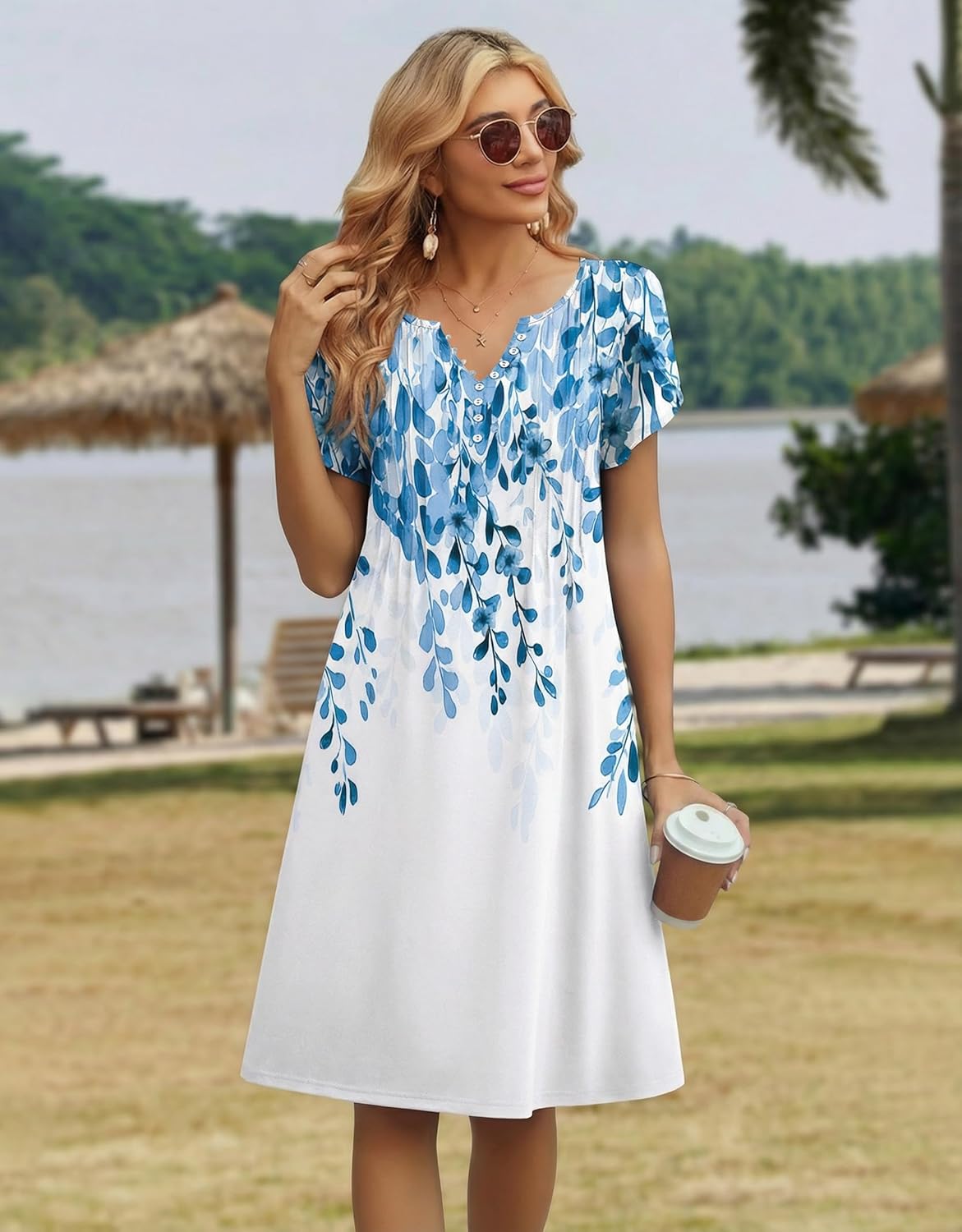 Zeagoo Women's Casual Dresses with Pockets Summer Floral V-Neck A-Line Tshirt Dress Short Sleeve Mini Dress Beach Sundress - Image 4