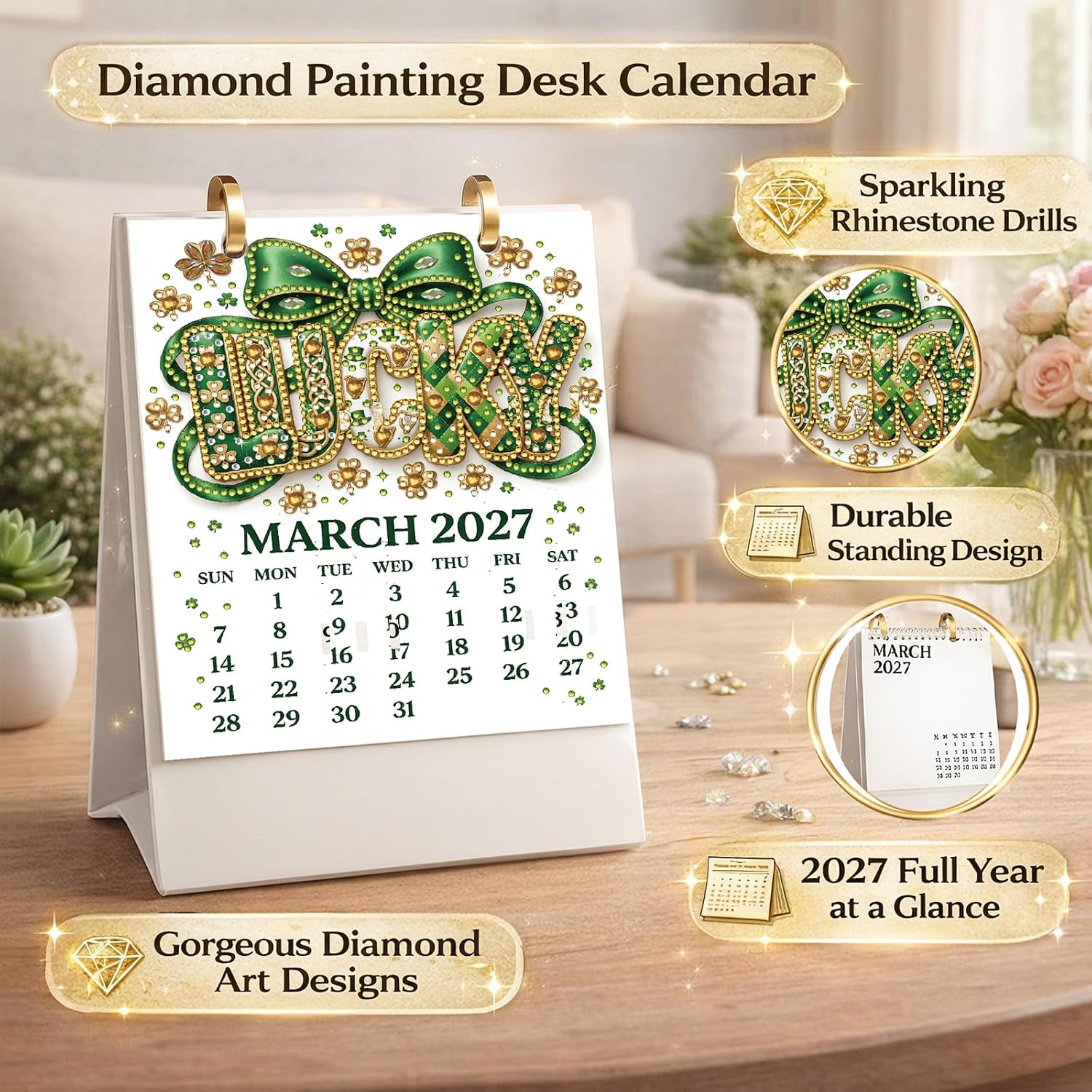 2027 DIY Diamond Art Desk Calendar Double-Sided Monthly Flip Tabletop Planner Metal Double-Ring Folding Stand Ornament for Home Office(Holiday)