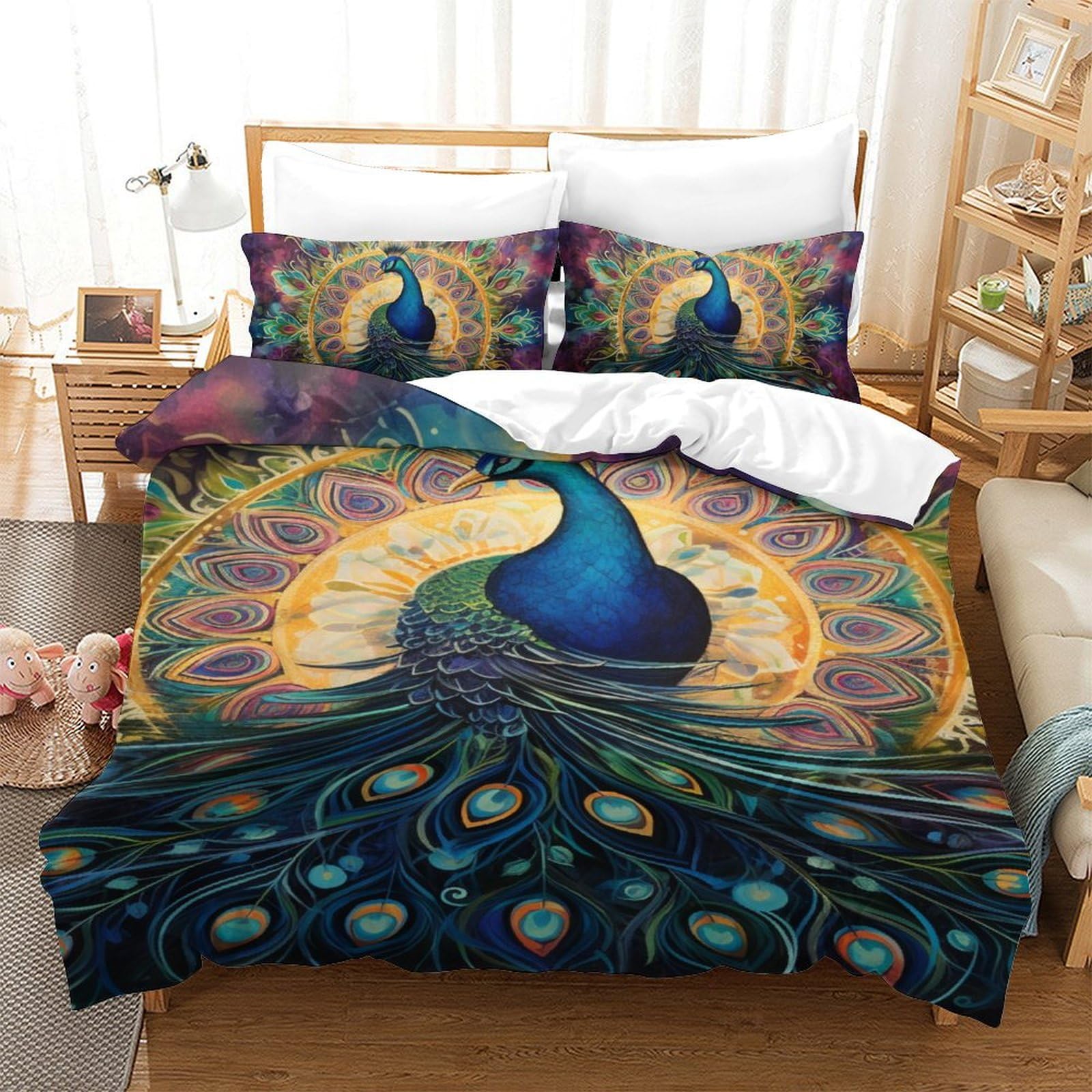 Housse de couette paon 3D en textile doux haute densité avec finitions zippées