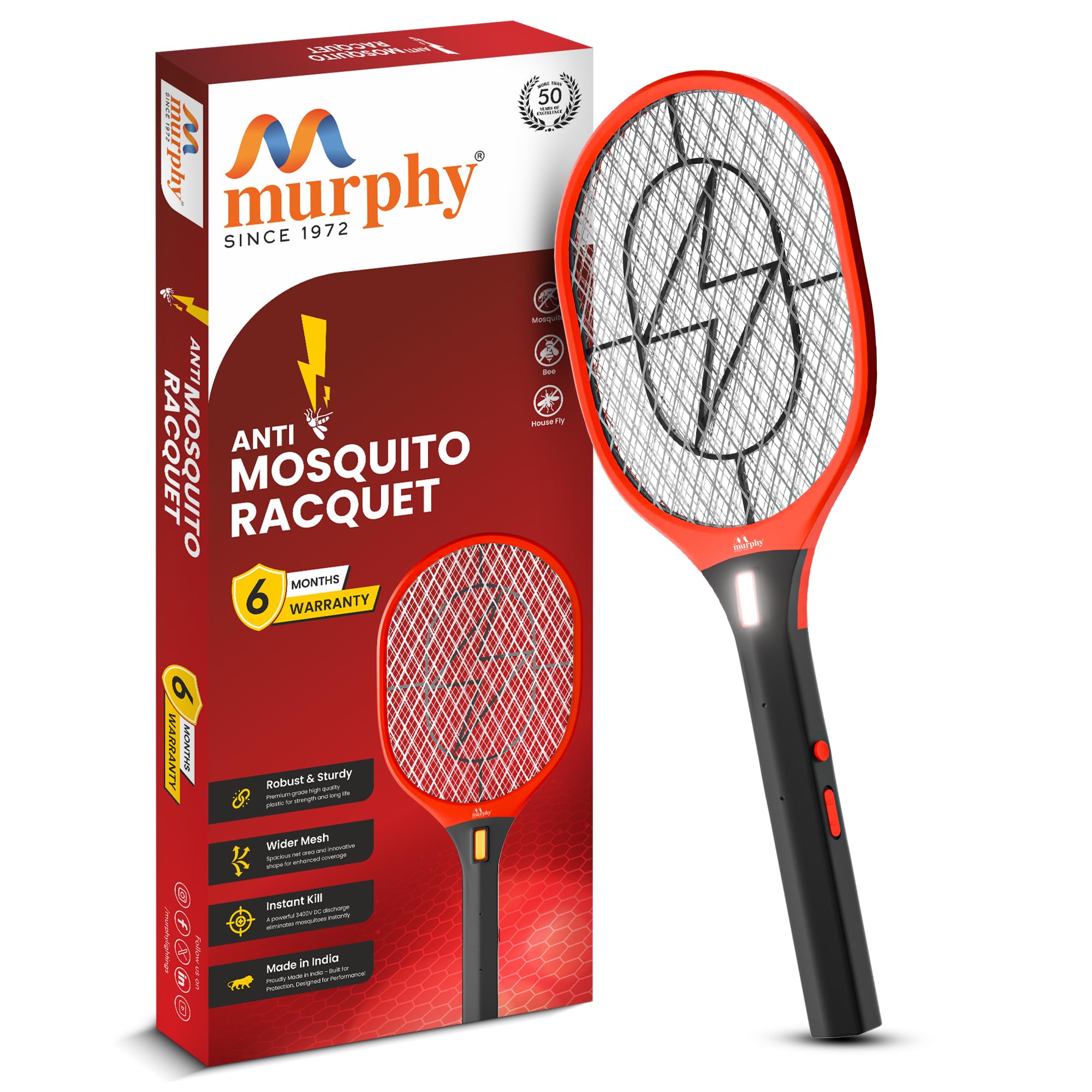 Murphy Anti Mosquito Racket with LED Torch | Rechargeable Electric Mosquito Bat | High Power Insect Killer Racket | 6 Months Warranty | Made in India-image-3