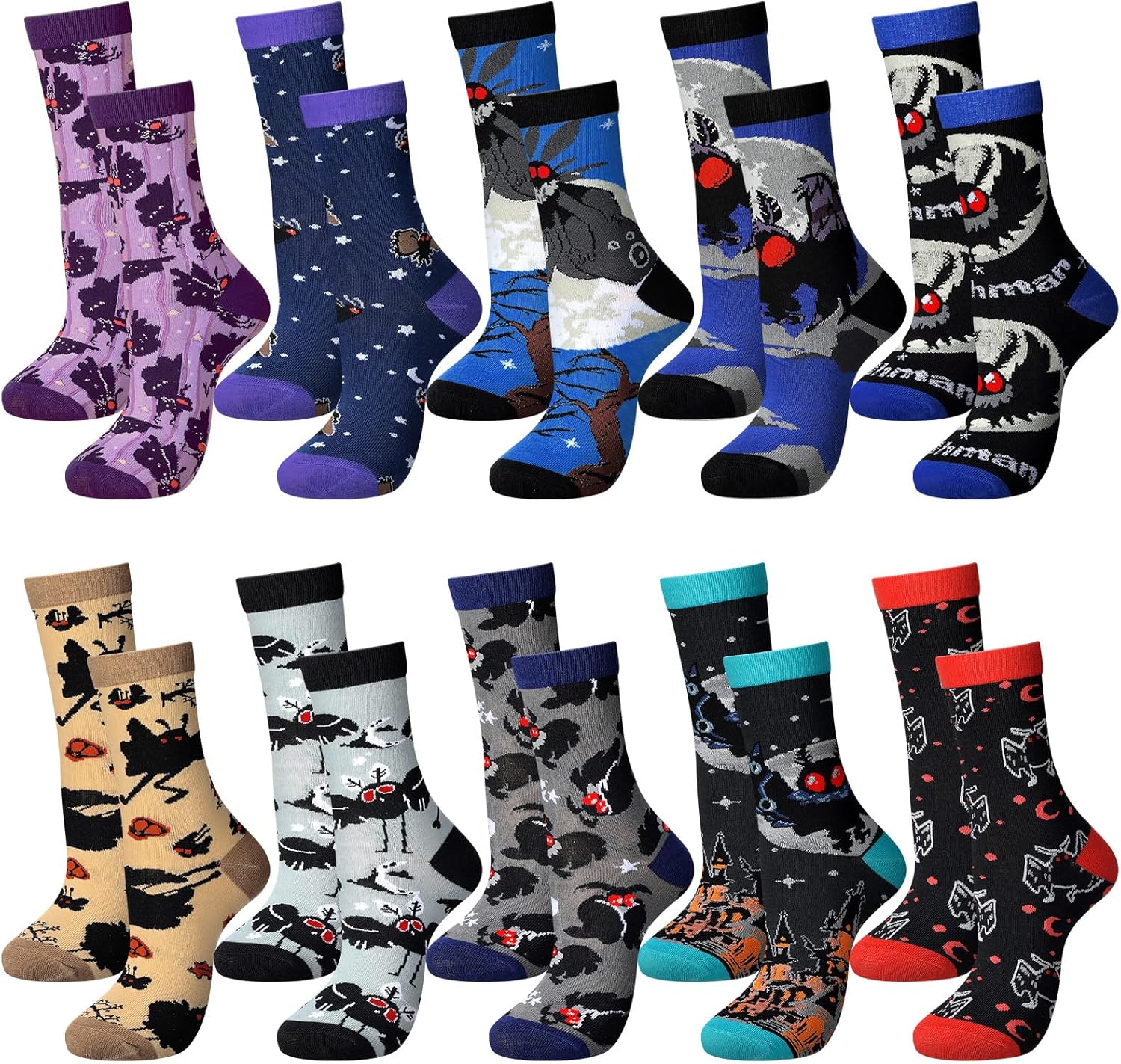 Liitrsh 10 Pairs Mothman Socks Crew Funny Novelty Cotton Socks for Men Women Adult Cryptid Valentine Mothman Gift for Family Friends Valentine's Day Stuff Gifts