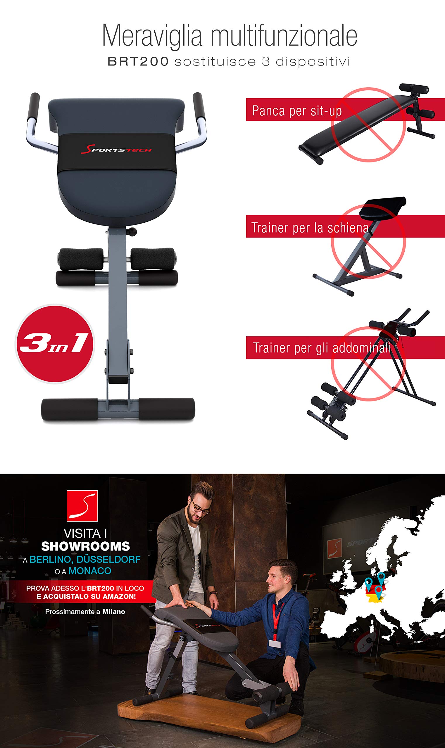 Sportstech BRT200 3in1. Panca per Schiena e Addome con Innovativo Design Antiscivolo, Brevettato, Multifunzionale, Ripiegabile, Imbottitura ergonomica, 5 Livelli di inclinazione.