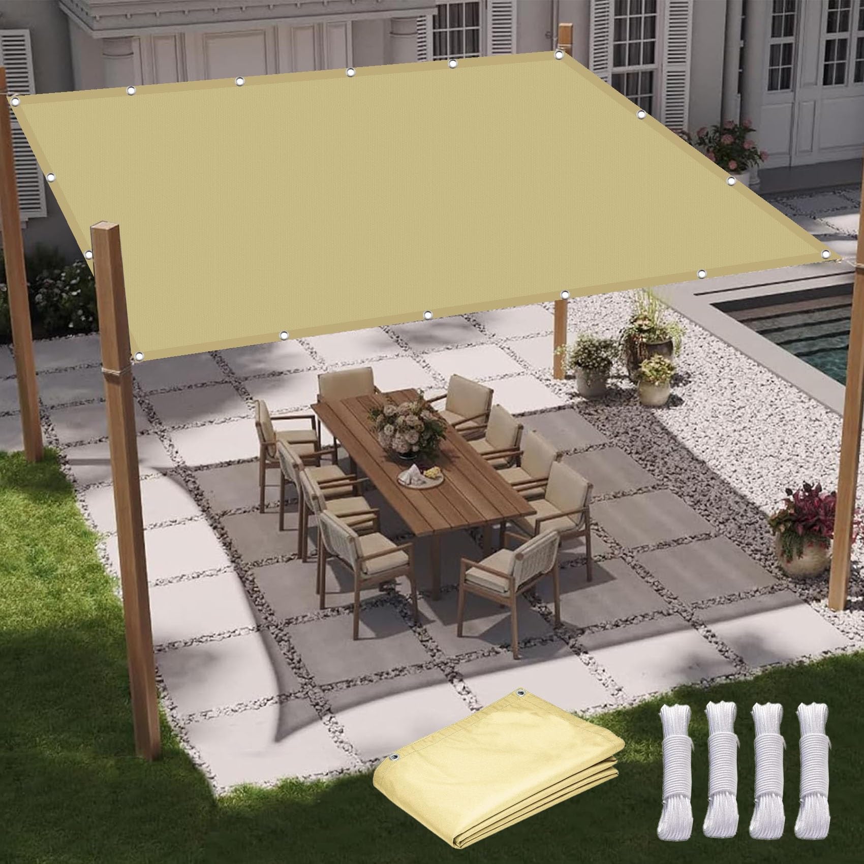 Voile d'ombrage imperméable 3,5 x 5 m crème avec œillets jardin