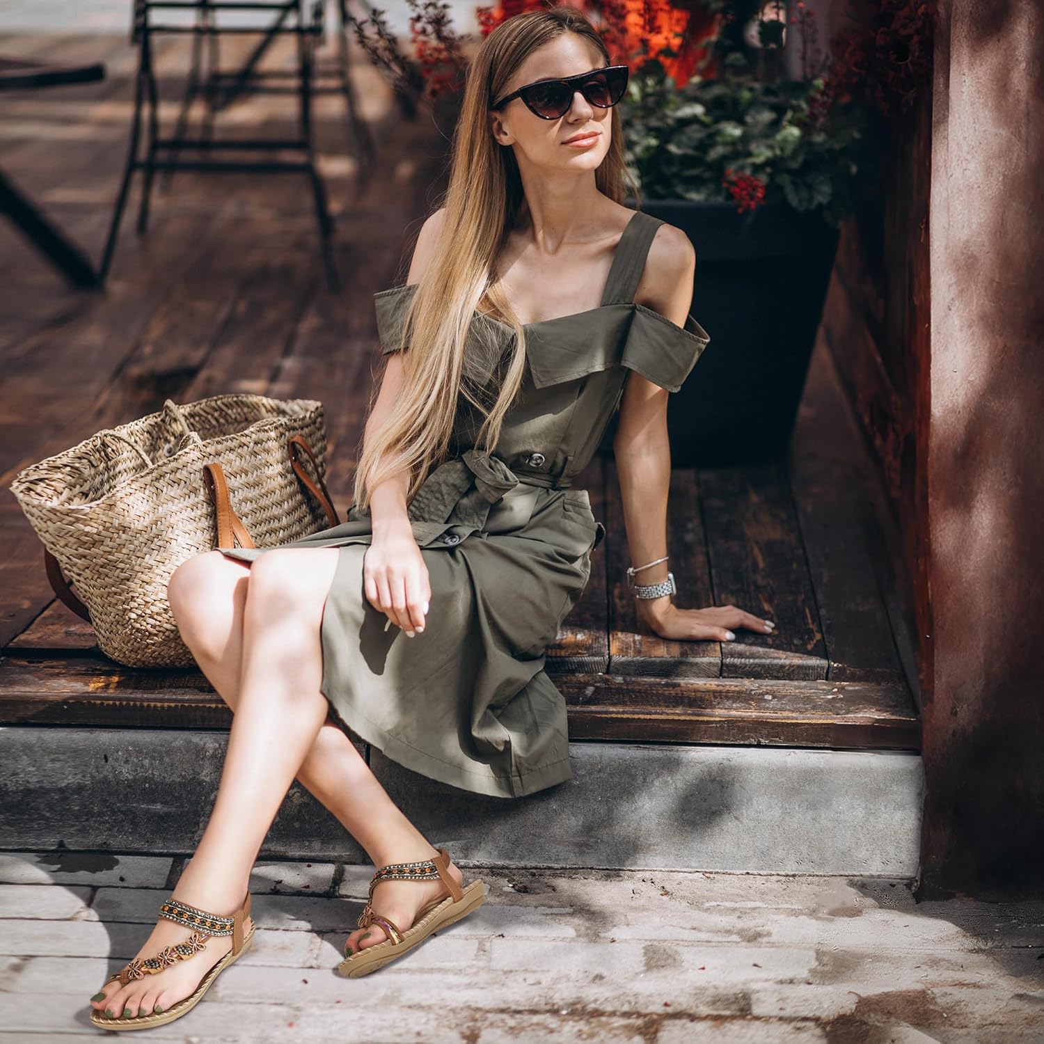 Ablanczoom Summer Flat Sandals for Women: Casual Walking Sandals Comfortable Bohemian Beaded Ankle Elastic Slip-On Beach Shoes - Image 6