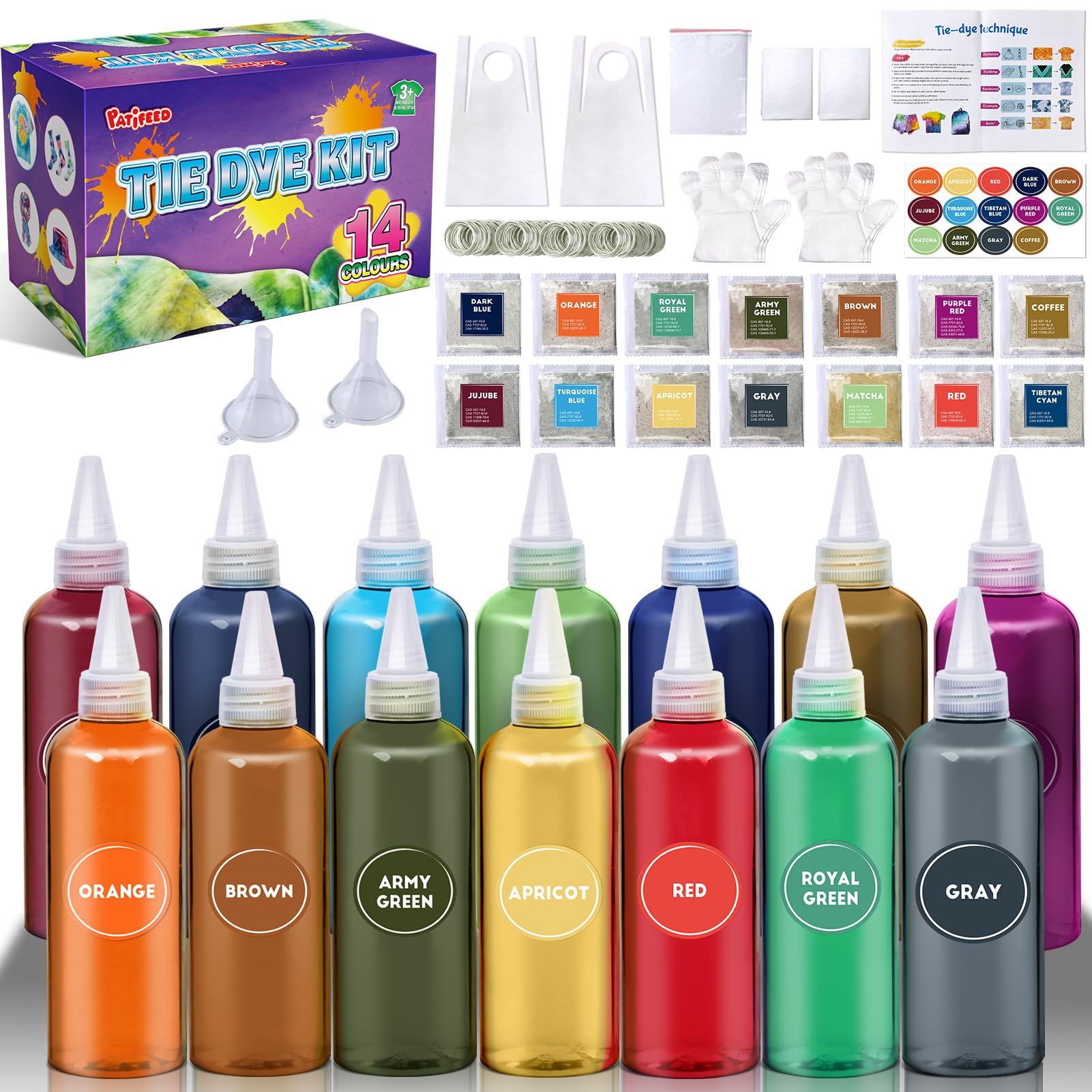 PATIFEED Batikfarben Set für Kinder, 14 Farben Tie Dye Kit für große Gruppen, Ungiftige Permanente Stofffärbung Sommeraktivitäten für Kinder, Erwachsene, Handgemachte Party