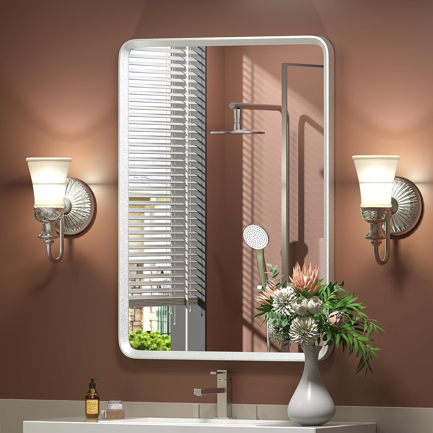 20x30 Inch Silver Framed Mirror, Silver Bathroom Vanity Mirror for Wall, Brushed Nickel, Rounded Rectangle Mirror, Shatterproof, Anti-Rust (Horizontal/Vertical) Silver 30"L x 20"W