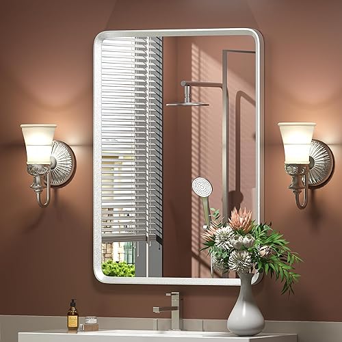 GOLOMO Espejo de baño plateado de 16 x 20 pulgadas para pared, espejo con marco de metal plateado cepillado, espejo rectangular redondeado para