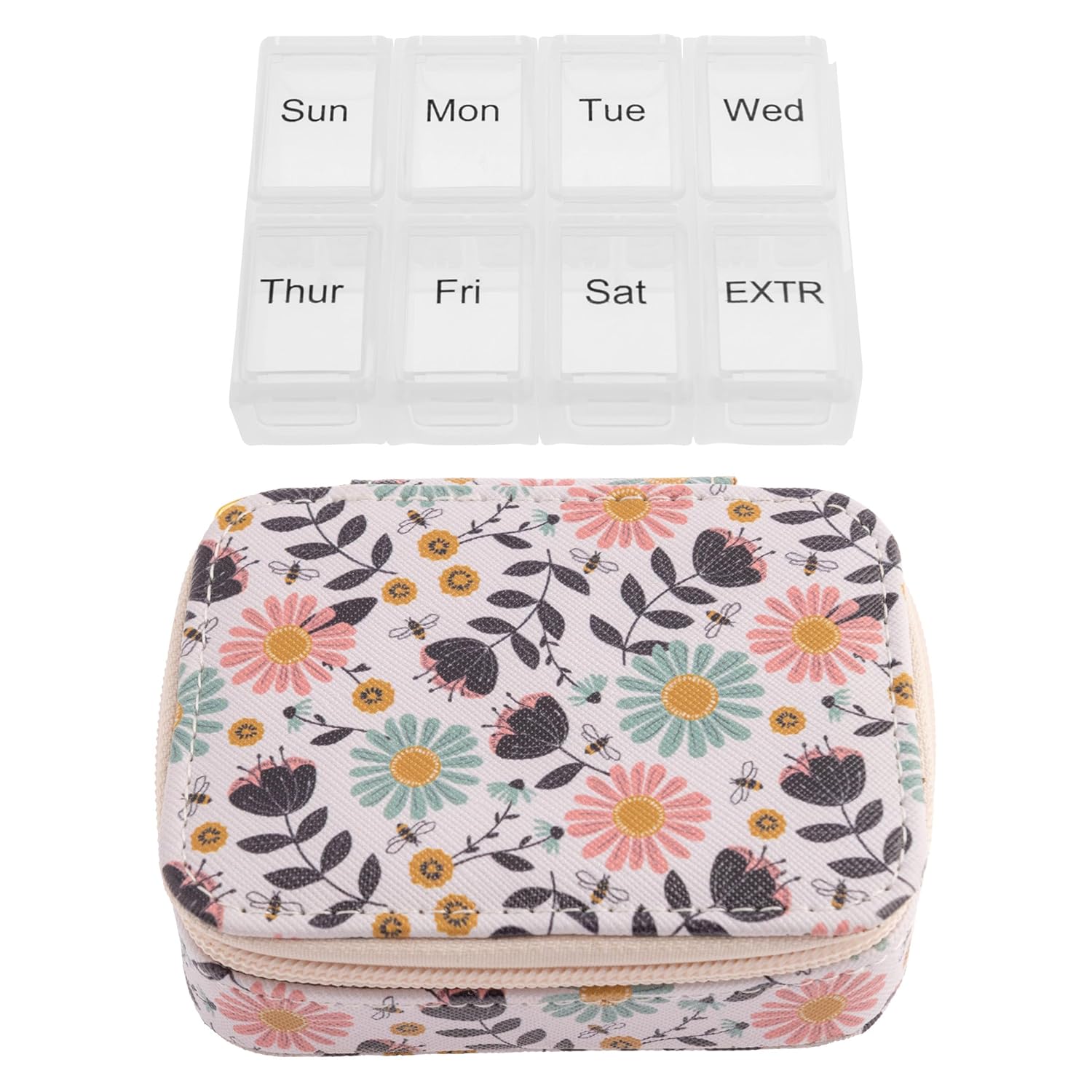 Karma, Travel Pill Case, Weekly Travel Pill Organizer, Removable 8-Compartment Pill Box, Travel Pill Medicine Organizer, Bee