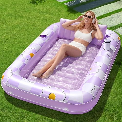 Miniatura 11 de SLOOSH Inflatable Tanning Pool Lounger Float, 70" x 46" Pool Floats Adult with Pillow, 4 in 1 Suntan Tub Raft Floatie,Sunbathing Bed Lounge for