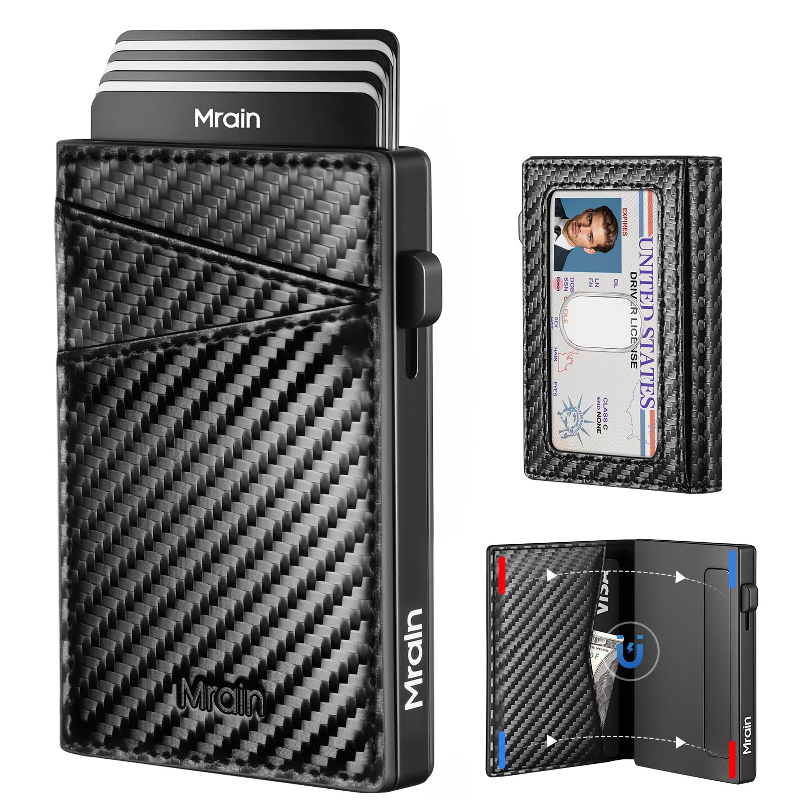 Mrain Men's Slim Wallet with ID Window Pop Up Card Holder RFID Blocking Metal Wallet with Push Button Minimalist Design for Credit Card Holder